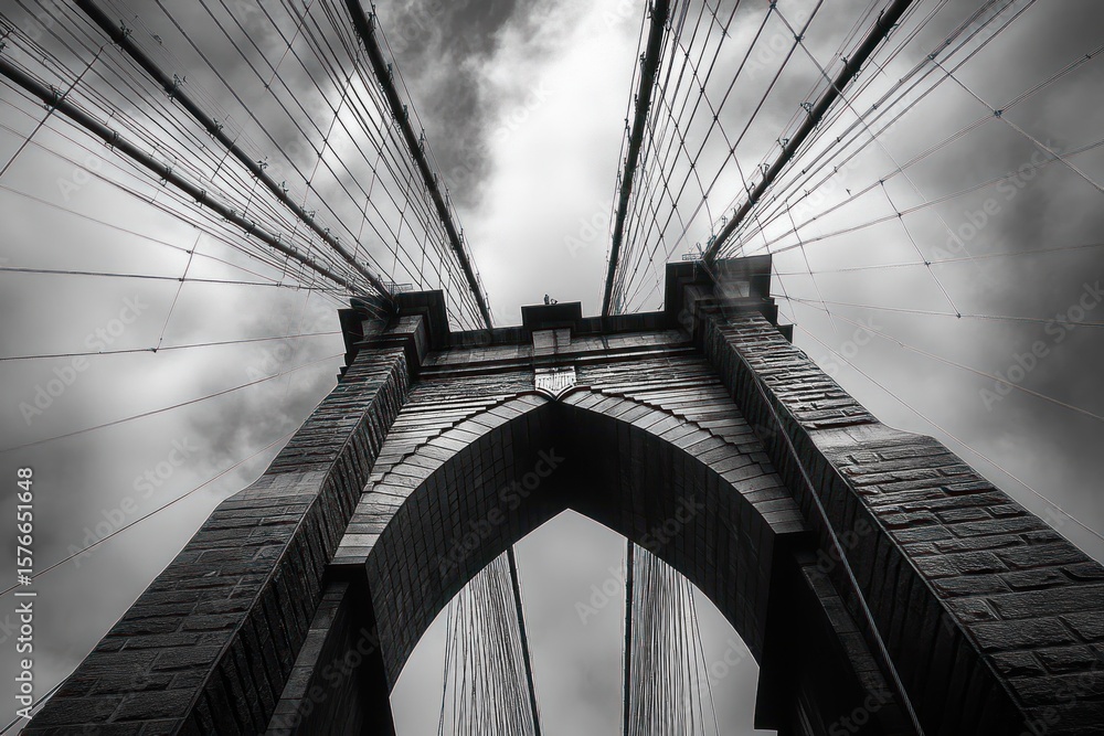 Fototapeta premium Dramatic low-angle black and white view of a large suspension bridge tower with cables extending upwards into cloudy sky