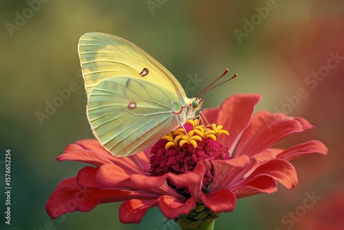 delicate yellow and pale green butterfly perched on bright red flower with intricate petals and colorful center in soft natural light