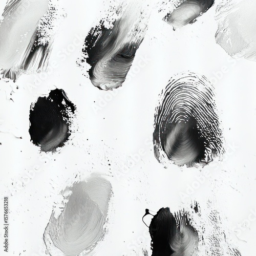 Close-up of black and white fingerprints and smudges on white surface showing texture and detail