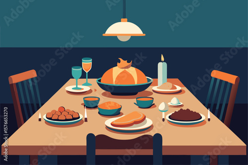  vector illustration of thanksgiving dinner table .eps