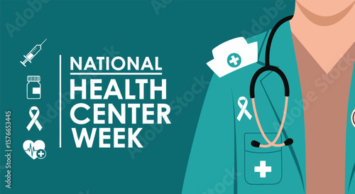National health center week celebrated with medical icons like syringe stethoscope and awareness ribbons on a doctor s uniform