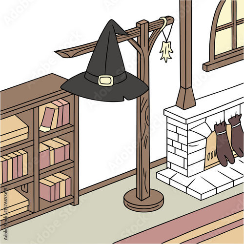 A witch's hat hanging on a wooden stand near a fireplace and bookcase in a cozy room setting scene