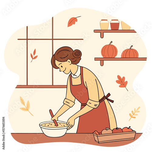 A woman wearing an apron is happily mixing ingredients in a bowl in a cozy kitchen decorated with pumpkins and autumn leaves during the fall season