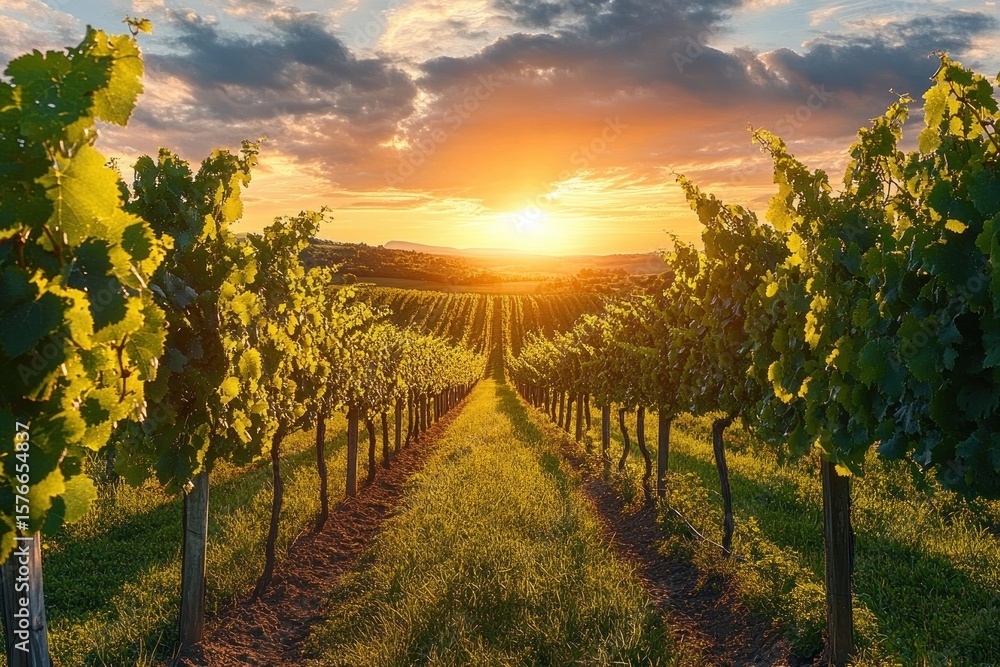 Fototapeta premium Golden sunset over lush vineyard rows with green grapevines stretching into the horizon under a partly cloudy sky