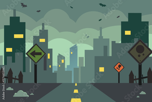  zombie filled city street scene with broken signs.eps