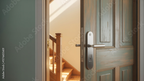 Wallpaper Mural A close-up photograph of a partially open wooden door with a silver metal handle and lock mechanism . Torontodigital.ca