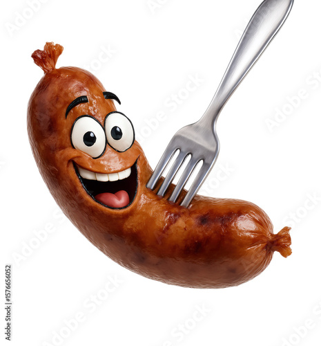 Funny Smiling Cartoon Sausage Character with Happy Face and Fork, Barbecue Food Mascot Concept, Isolated on Transparent and White Background