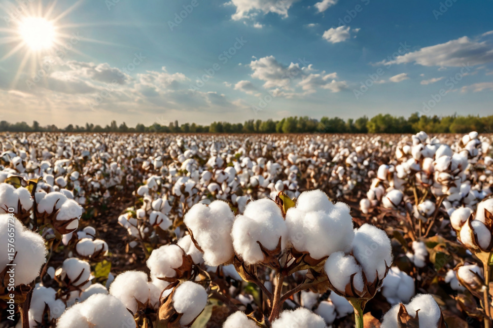 Fototapeta premium Photo of sunlit cotton field at harvest time, showcasing fluffy white bolls