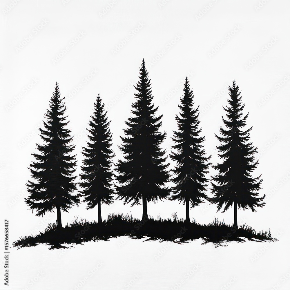 Obraz premium Silhouetted evergreen trees in a row with detailed branches on a small patch of ground against a plain white background