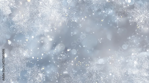 Winter wonderland scene with snowflakes, glitter, and bokeh lights against a soft gray backdrop