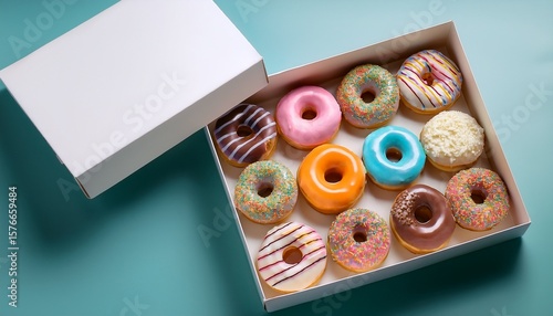 branded donut box mockup slightly open to reveal colorful glazed treats inside arranged neatly with playful icing and sprinkles