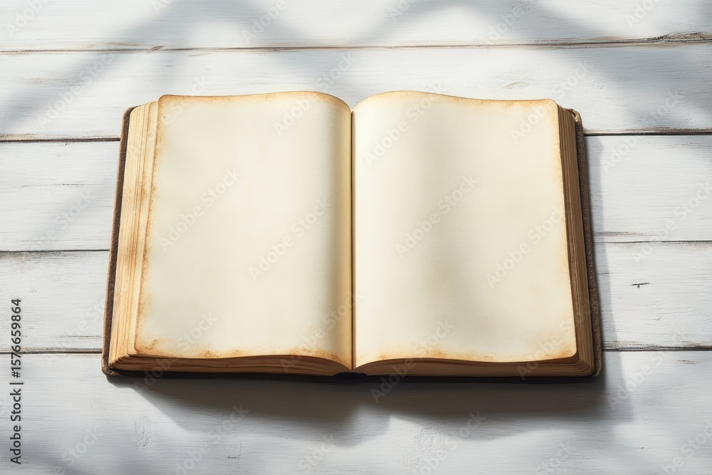 Fototapeta premium Open old blank book with yellowed pages on white wooden table under soft natural light
