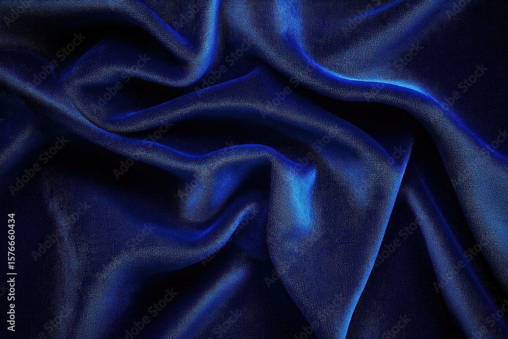 Fototapeta premium Deep blue silk fabric with smooth, glossy texture and flowing, curving folds creating an elegant and luxurious appearance