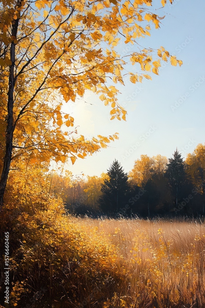 Fototapeta premium Sunlit autumn landscape with golden yellow leaves on trees and dry grass field under clear blue sky