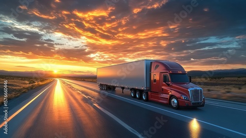 Fototapeta Naklejka Na Ścianę i Meble -  red semi truck driving on an open highway during a vibrant sunset with dramatic clouds and reflective wet road surface