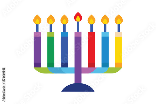 Colorful Hanukkah Menorah With 9 Candles On White Background