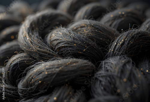Close-up of Braided Black Yarn with Shimmering Golden Particles