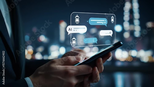 Close Up of Businessman Using Smartphone with Chatbot Holograms in Dark Blue Suit Against Blurry Cityscape at Night with Bokeh Lights
