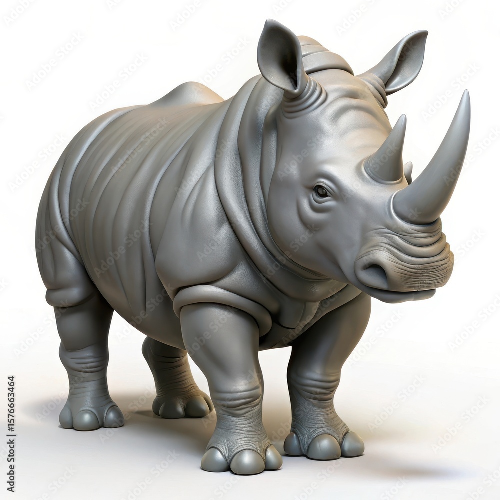 Obraz premium Realistic 3d render of a gray rhinoceros standing isolated on white background