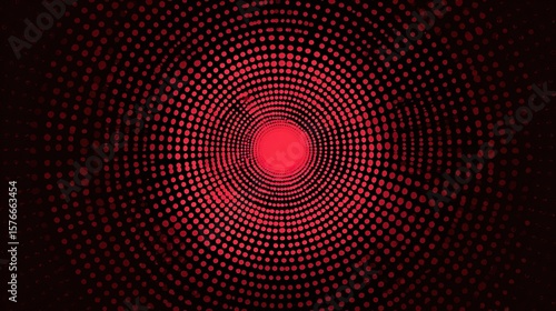 A hypnotic red and black concentric circle design composed of varying sized dots, creating a vortex-like effect emanating from a bright central point