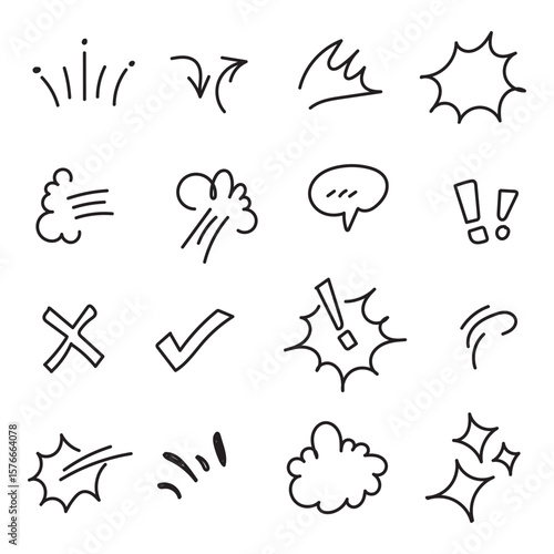Expression and movement elements. Hand drawn emotion line, effects. Abstract hitting, jumping animation. Doodle curves, swirl, shape, motion. Vector set