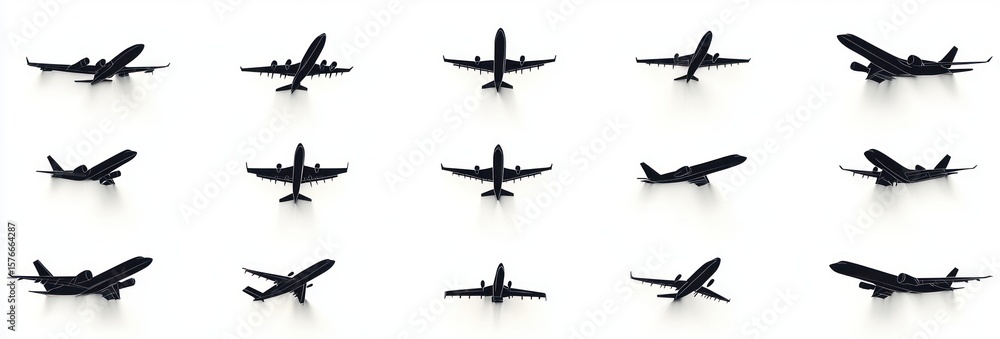 Fototapeta premium Collection of black airplane silhouettes in various flight positions against white background showing different angles and orientations