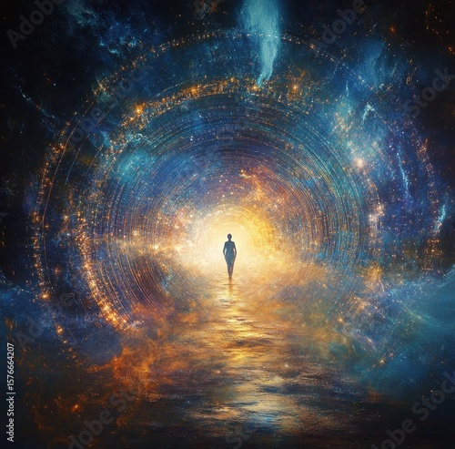 Silhouette of a person walking towards a bright glowing light surrounded by circular cosmic patterns and colorful nebula clouds evoking a sense of mystery and transcendence