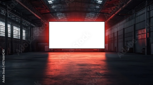 Large empty industrial warehouse with high ceilings and metal walls illuminated by a glowing red light behind a central blank white screen projecting a futuristic and mysterious atmosphere