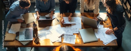 Group of professionals collaborating and reviewing architectural blueprints and documents on a wooden table with laptops and notebooks in a bright workspace