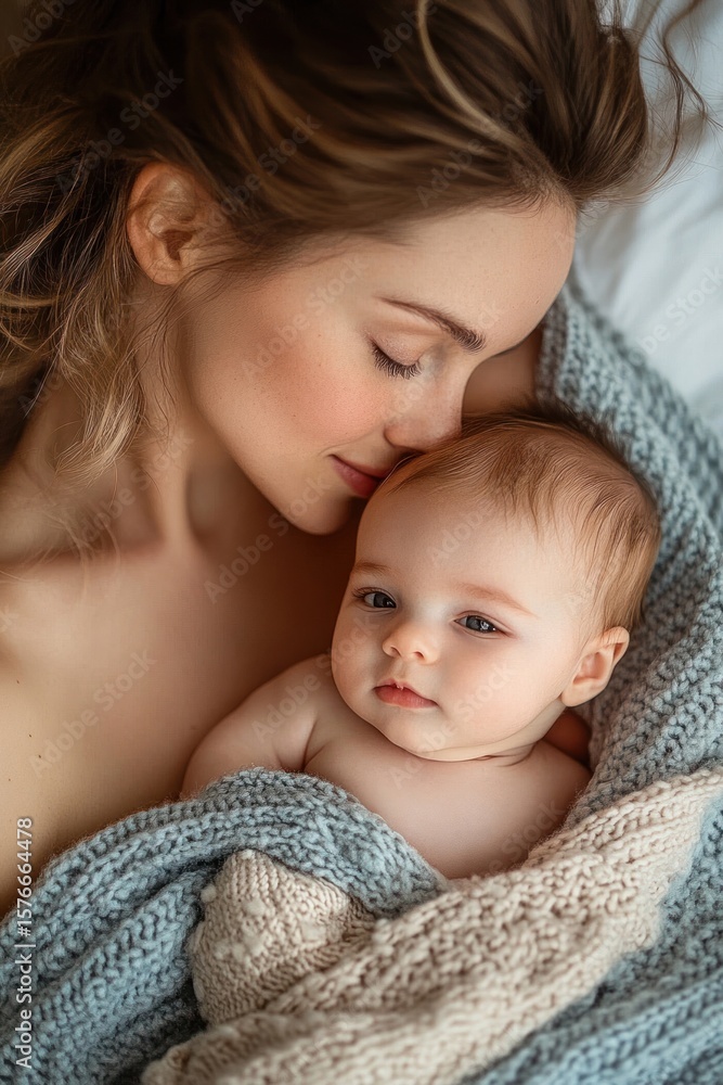 Tender moment between mother and baby wrapped in soft knitted blankets, showcasing warmth, love, and close bond in gentle embrace Tender moment between mother and baby wrapped in soft knitted blankets, showcasing warmth, love, and close bond in gentle embrace