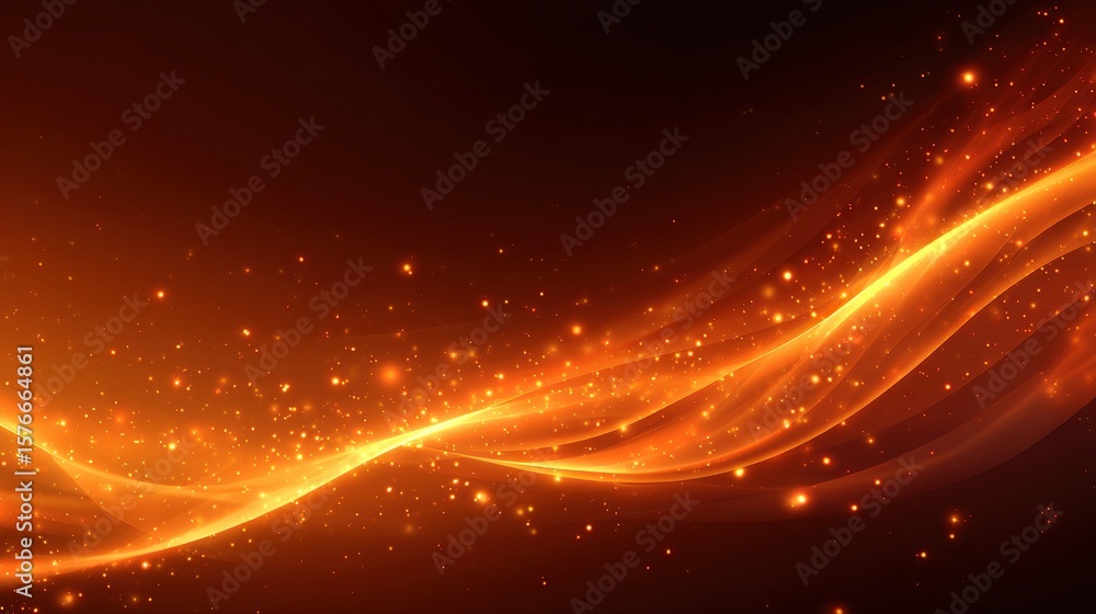 Fototapeta premium Golden waves flowing with sparkling particles against a warm dark background