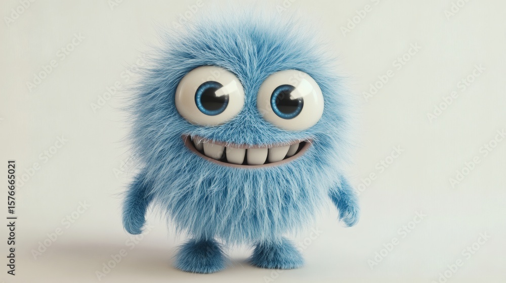 Obraz premium A fluffy blue animated creature showing a large happy smile