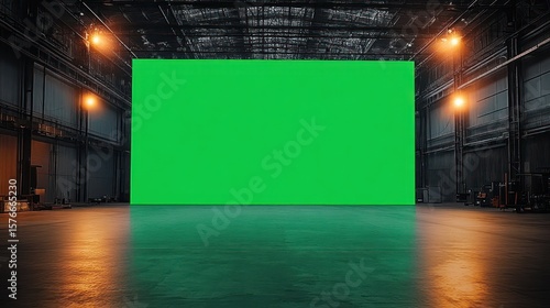 Wallpaper Mural Large empty industrial warehouse with polished concrete floor illuminated by overhead lights featuring a massive green screen backdrop for video production Torontodigital.ca