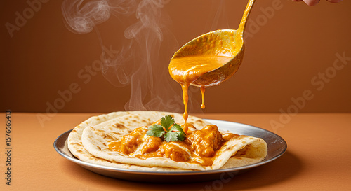 Steaming Hot Indian Chicken Butter Chicken Curry Being Spooned onto Warm Flatbread Naan