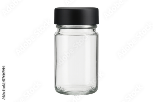 Fototapeta Naklejka Na Ścianę i Meble -  Glass spice jar featuring black lid, empty and waiting for seasoning storage, positioned against transparent background