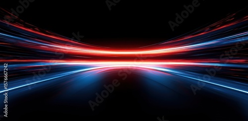 Abstract dynamic light trails glowing in red and blue colors against a black background creating a sense of speed and futuristic motion