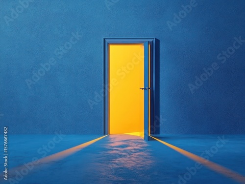 blue textured room with a partially open yellow door casting light and shadows across the floor, creating a contrast between cool and warm tones
