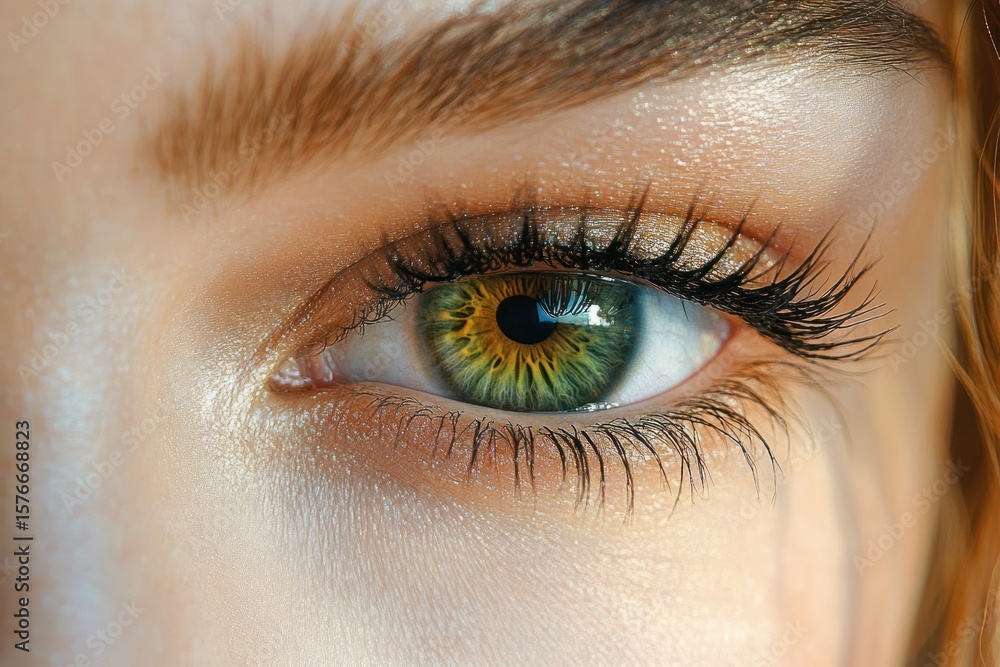 Obraz premium Close-up of a green eye with golden brown flecks surrounded by long dark eyelashes and smooth skin illuminated by natural light