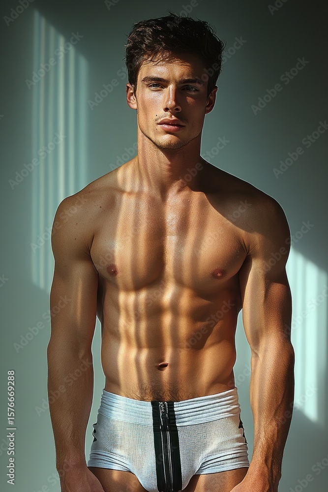 Fototapeta premium Athletic young man with toned muscular upper body and defined abs standing in striped sunlight wearing light-colored shorts, serious expression