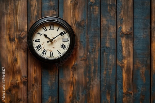 Wallpaper Mural Vintage round wall clock with Roman numerals mounted on rustic wooden panel with blue and brown tones Torontodigital.ca