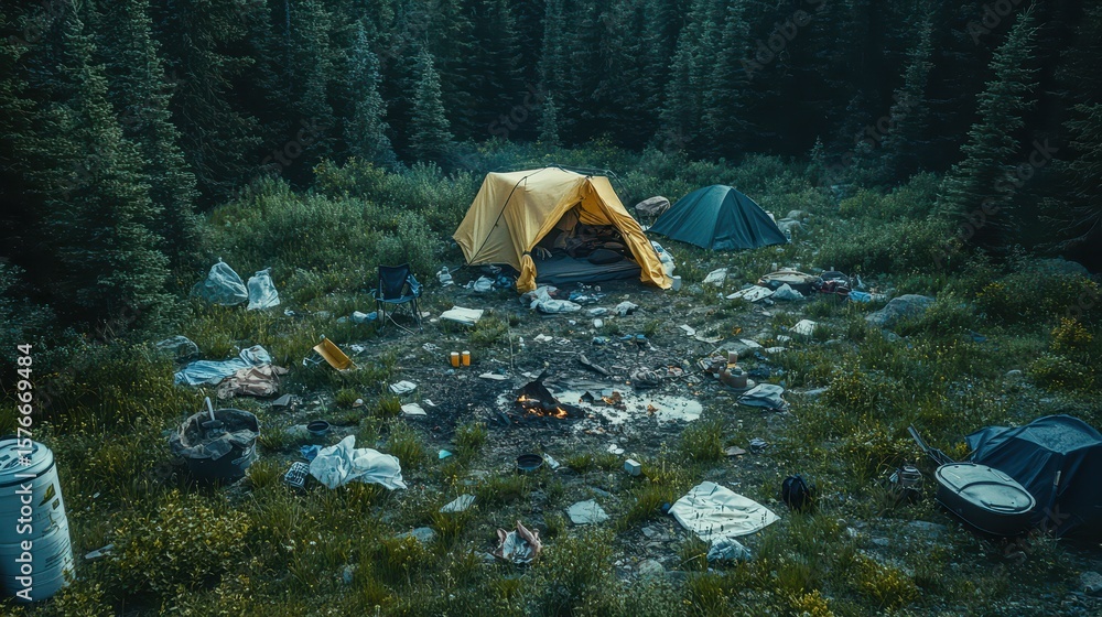 Obraz premium Disarrayed Campsite Surrounded by Lush Forest in Natural Environment