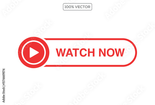 Watch Now video button or icon in vector format. Ideal for streaming platforms, YouTube thumbnails, video previews template vector