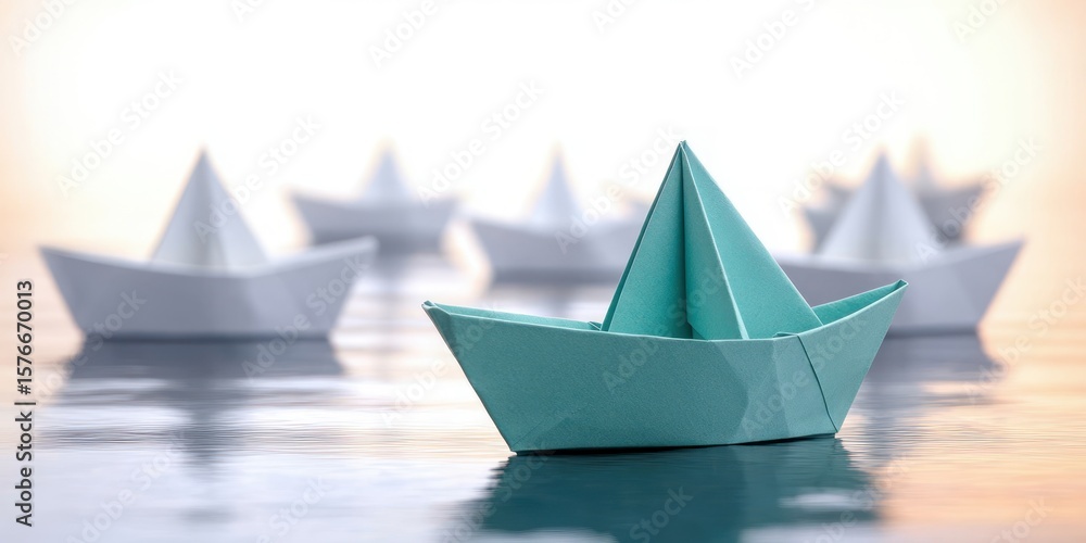 Single blue paper boat floating on calm water with multiple white paper boats blurred in the background during soft warm light conditions Single blue paper boat floating on calm water with multiple white paper boats blurred in the background during soft warm light conditions