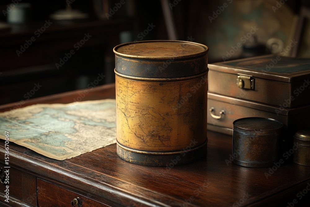 Fototapeta premium Vintage Map Cylinder and Craft Papers on a Wooden Table Surface