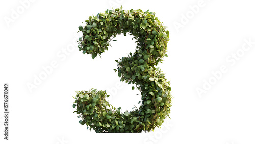 The number three is illustrated with neatly arranged green leaves	