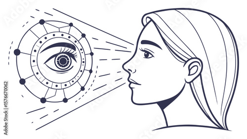 Visionary eye health concept with woman looking at eye chart for ophthalmology and optometry care