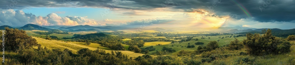 Fototapeta premium Expansive green valley under dramatic cloudy sky with sun rays breaking through and a faint rainbow, surrounded by rolling hills and scattered trees