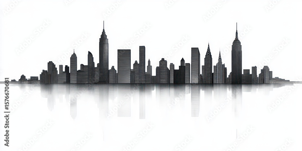Fototapeta premium monochrome city skyline silhouette reflected on a smooth surface with various skyscrapers and tall buildings against a white background