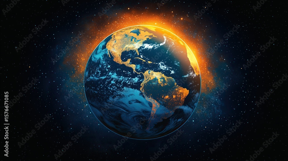Fototapeta premium Halftone Earth Vector Illustration, Blue Orange Color Scheme with Bold Lines White Dots on Dark Background for Advertising Campaigns