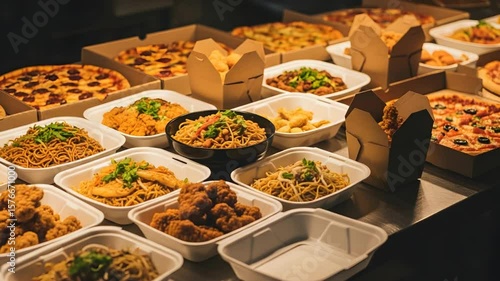 Variety of Takeout Food Displayed Noodles Pizza and Fried Bites
